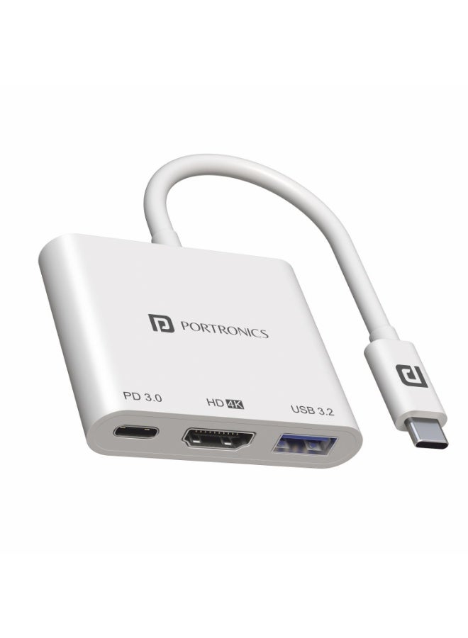 Portronics C-Konnect Type C to HDMI Adapter (3-in-1), Multiport USB C Hub with 4K@30Hz, USB 3.0 @ 5Gbps, 100 W PD Charging Port for Laptop, MacBook, PC and Other Type C Devices (White) - Image 1